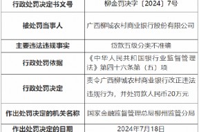 广西柳城农村商业银行被罚20万元：因贷款五级分类不准确