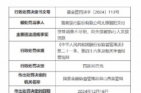 晋商银行太原晋阳支行被罚30万元：贷前调查不尽职 向失信被执行人发放贷款