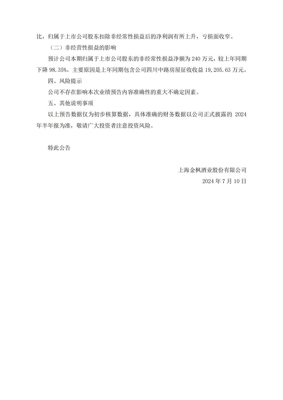金枫酒业：2024年上半年度净亏损1510万至1840万元  第2张