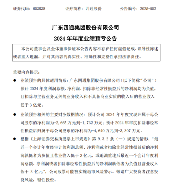 四通股份2024年业绩预亏，营收低于3亿元可能被实施ST  第1张