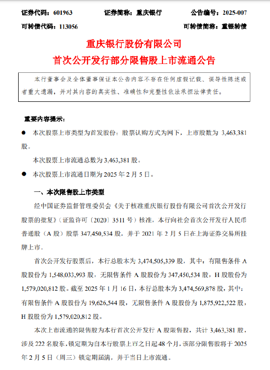 重庆银行：346.34万股首次公开发行限售股将于2月5日上市流通  第1张