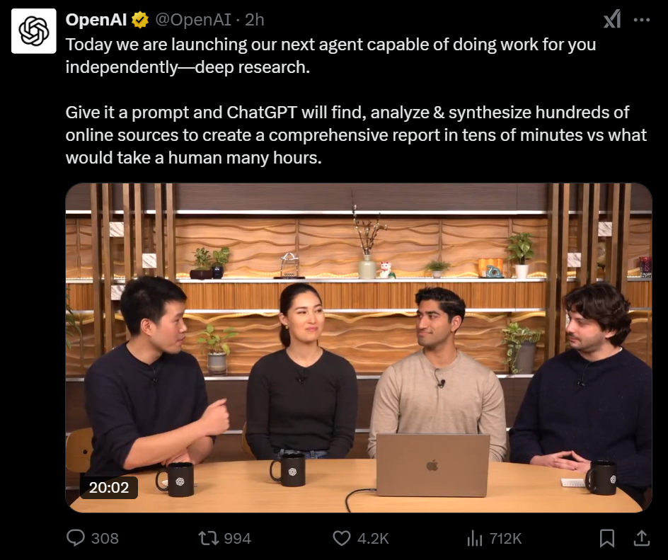 分析师的黄昏？OpenAI推出AI Agent“深度研究”，主打“金融、科学、政策和工程等领域”  第2张