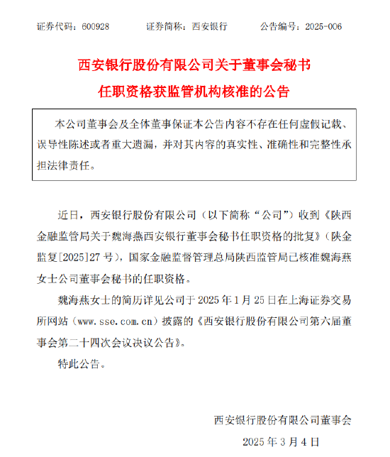 西安银行：董事会秘书魏海燕任职资格获批  第1张