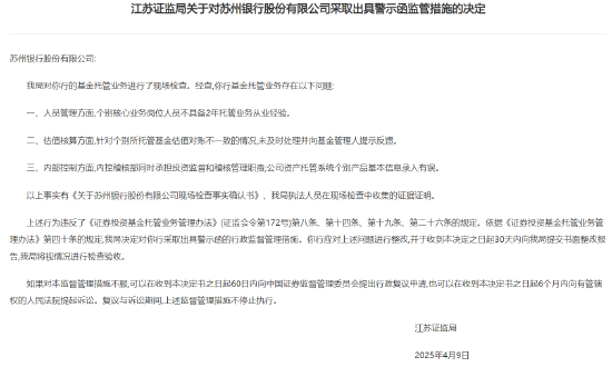 因基金托管业务存在问题，苏州银行被出具警示函  第1张