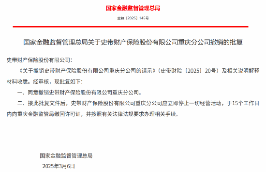 史带财险获批撤销湖北分公司、重庆分公司  第2张
