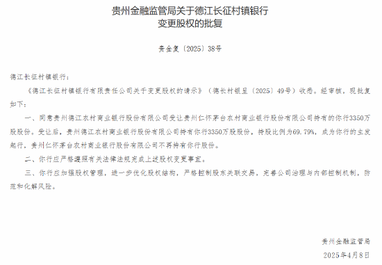 茅台农商行：获批 *** 6家所持村镇银行股份  第1张